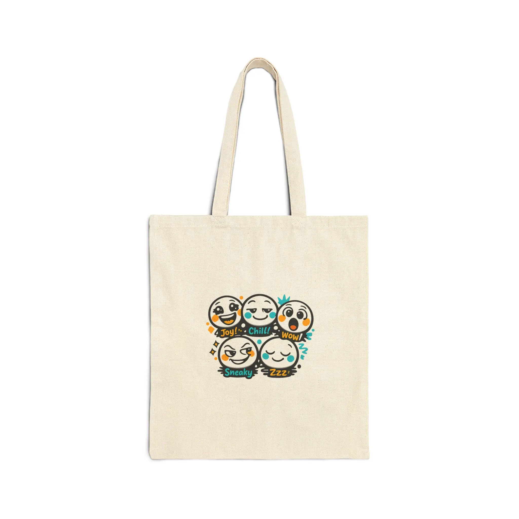 Kawaii Mood Faces Tote, bold cartoon emoji, thick outline canvas bag