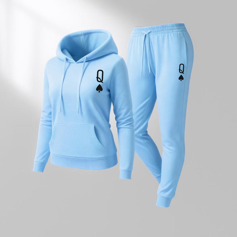 Women's Queen Spade Print Hoodie And Drawstring Track Pants Set, Casual Sportswear, Long-Sleeved Hooded Jacket And Pants, Suitable For Autumn And Winter, Everyday Wear, Indoor And Outdoor Sportswear, Casual Sportswear.