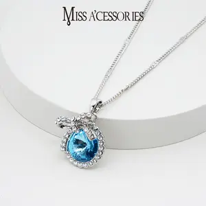 Viral Silver Blue Rhinestone Bow Pendant Necklace | Dainty Crystal Aesthetic Jewelry | Girly Silver Bow Blue Rhinestone Pendant | Dainty Feminine Crystal Jewelry | Minimalist Silver Blue Rhinestone Bow Necklace | Ideal Birthday/Valentine's Gift