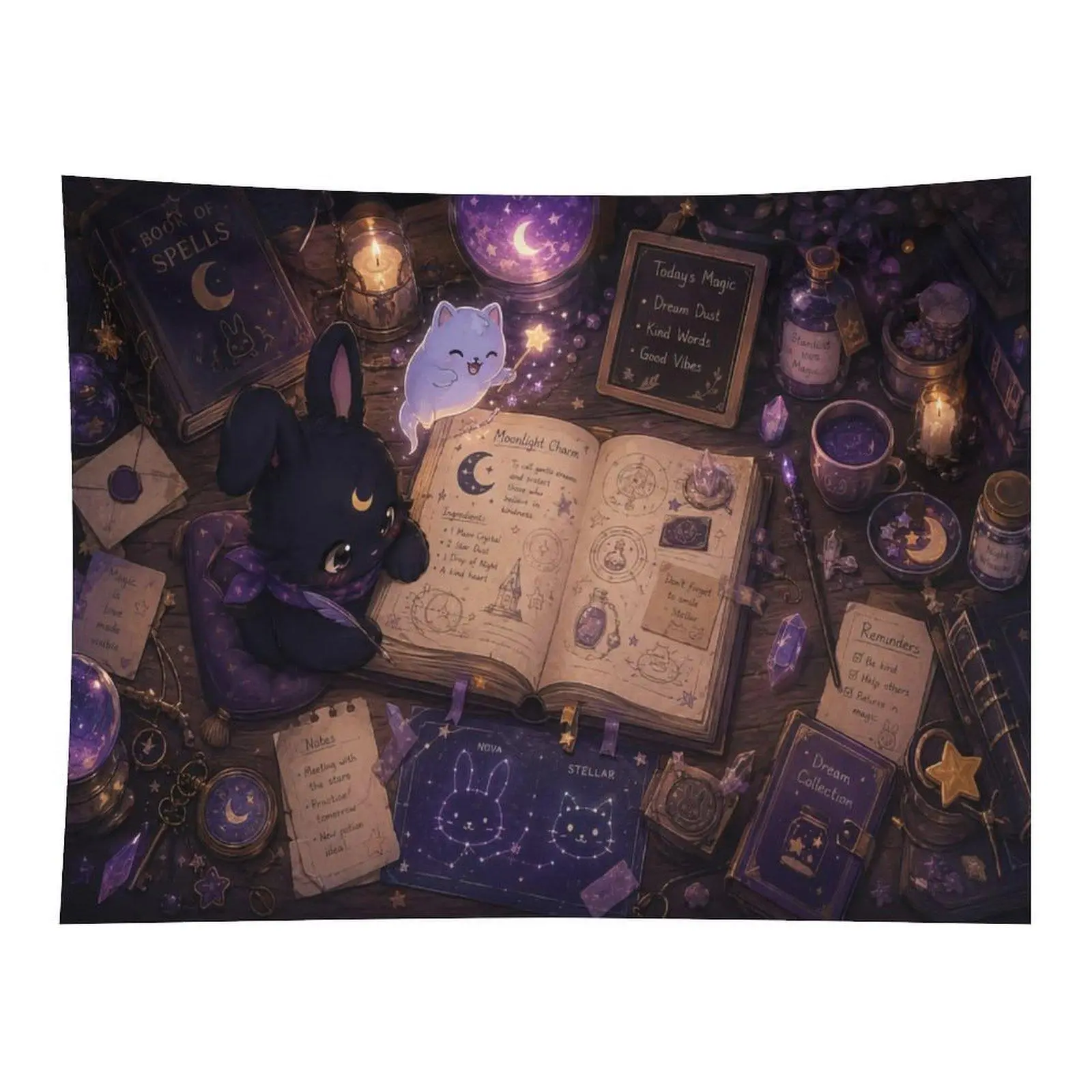 Dark Cottagecore Magic Spell Book Black Rabbit Ghost Cat Crystal Candle Forest Wall Tapestry Wall Hanging, Anime Witchy Cozy Mystic Art Decor for Moody Bedroom Dorm Backdrop