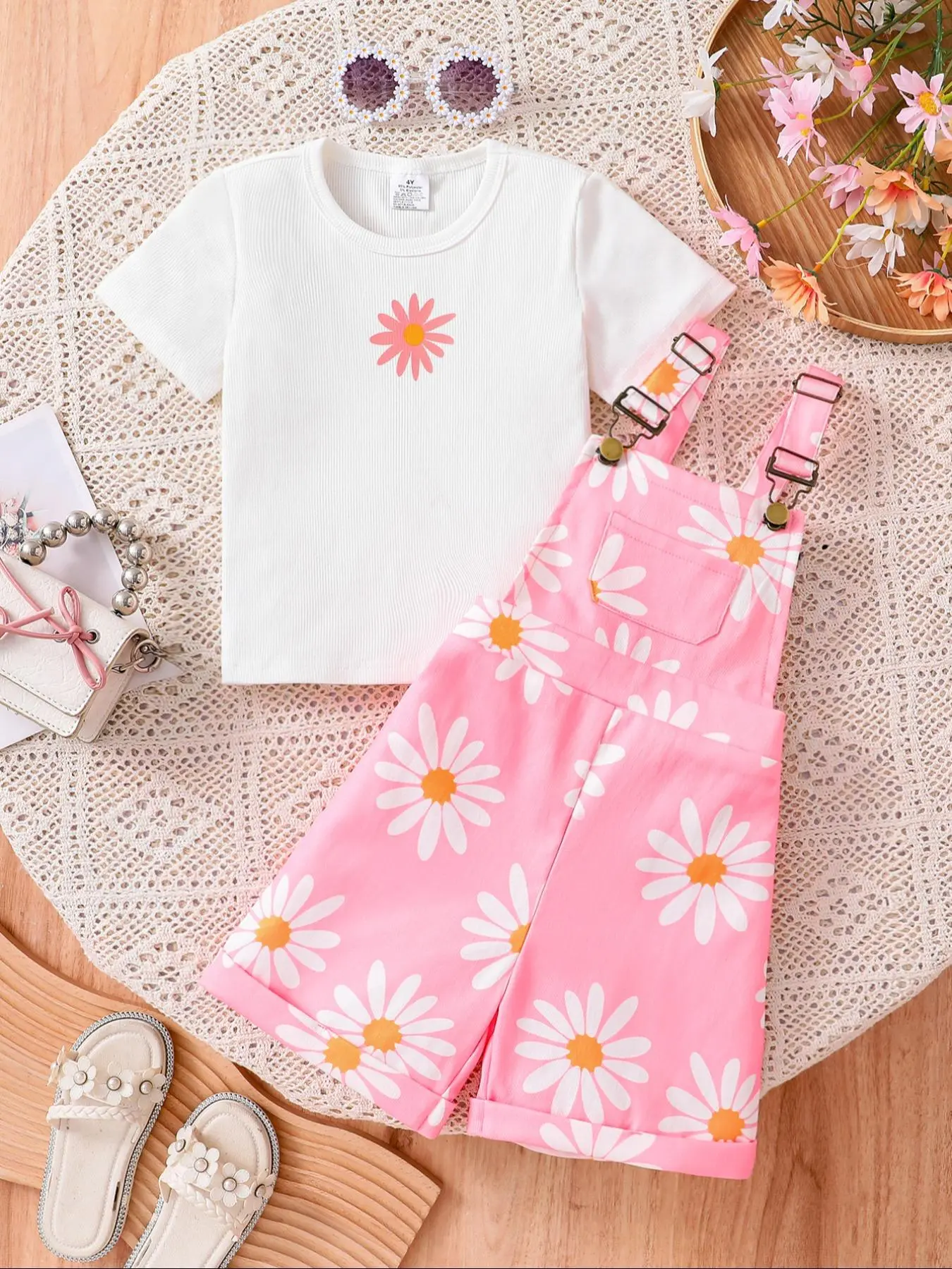 Toddler Girl's Floral Print Co-ord Set, Outfit, Casual Short Sleeve T-shirt & Overalls Two-piece Set for Summer, Kids Clothes for Daily Wear, Baby Clothing