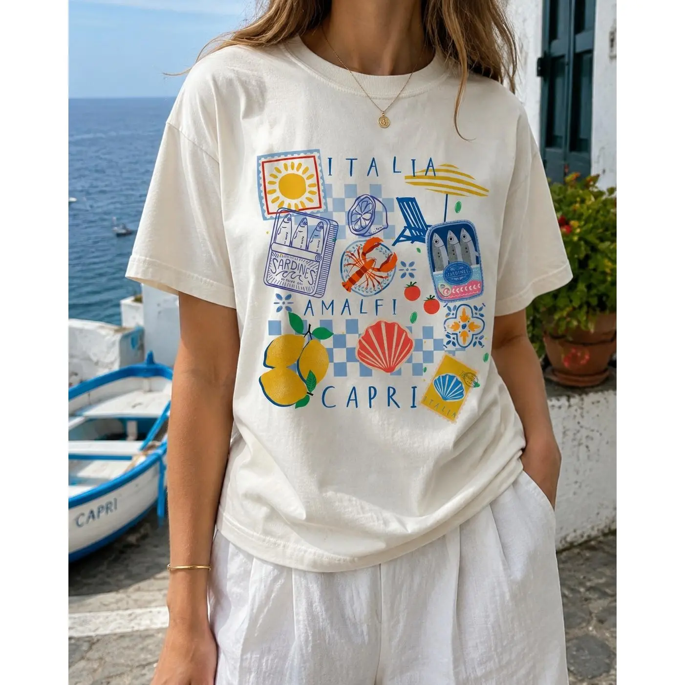 Women's Premium Cotton Oversized Short Sleeve T-Shirt - Cute Amalfi Capri Lemon Seafood Print, Relaxed Fit Crew Neck, Soft Breathable Top for Vacation Daily Wear