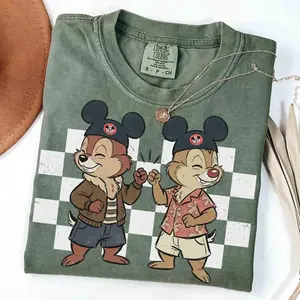 Retro Checkered Chipmunk Duo Shirt, Double Trouble Cartoon Graphic Tee, Cute Animal Friends Shirt, Theme Park Vacation Outfit, Family Trip Aesthetic Tee, Comfort Colors Style