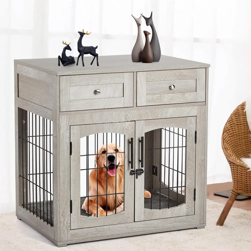 Garvee Wooden Dog Crate Furniture in 32'' and 40'' sizes, Farmhouse Style Indoor Dog Kennel with 2 Drawers, Suitable for Small to Large Dogs, Available in Grey and Brown