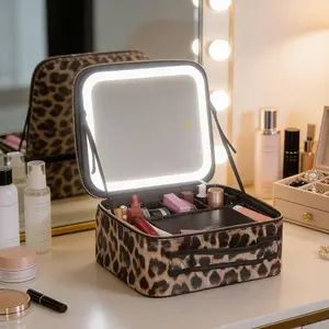 Portable Travel Makeup Bag withLED Mirror, 3 Color Light Settings,Rechargeable Cosmetic Organizer Case forWomen, Portable Vanity Box for BeautyEssentials Zip