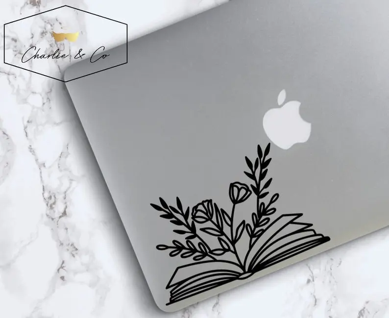 Book laptop decal, floral laptop sticker, book lover laptop decal, MacBook vinyl decal, Laptop flower sticker