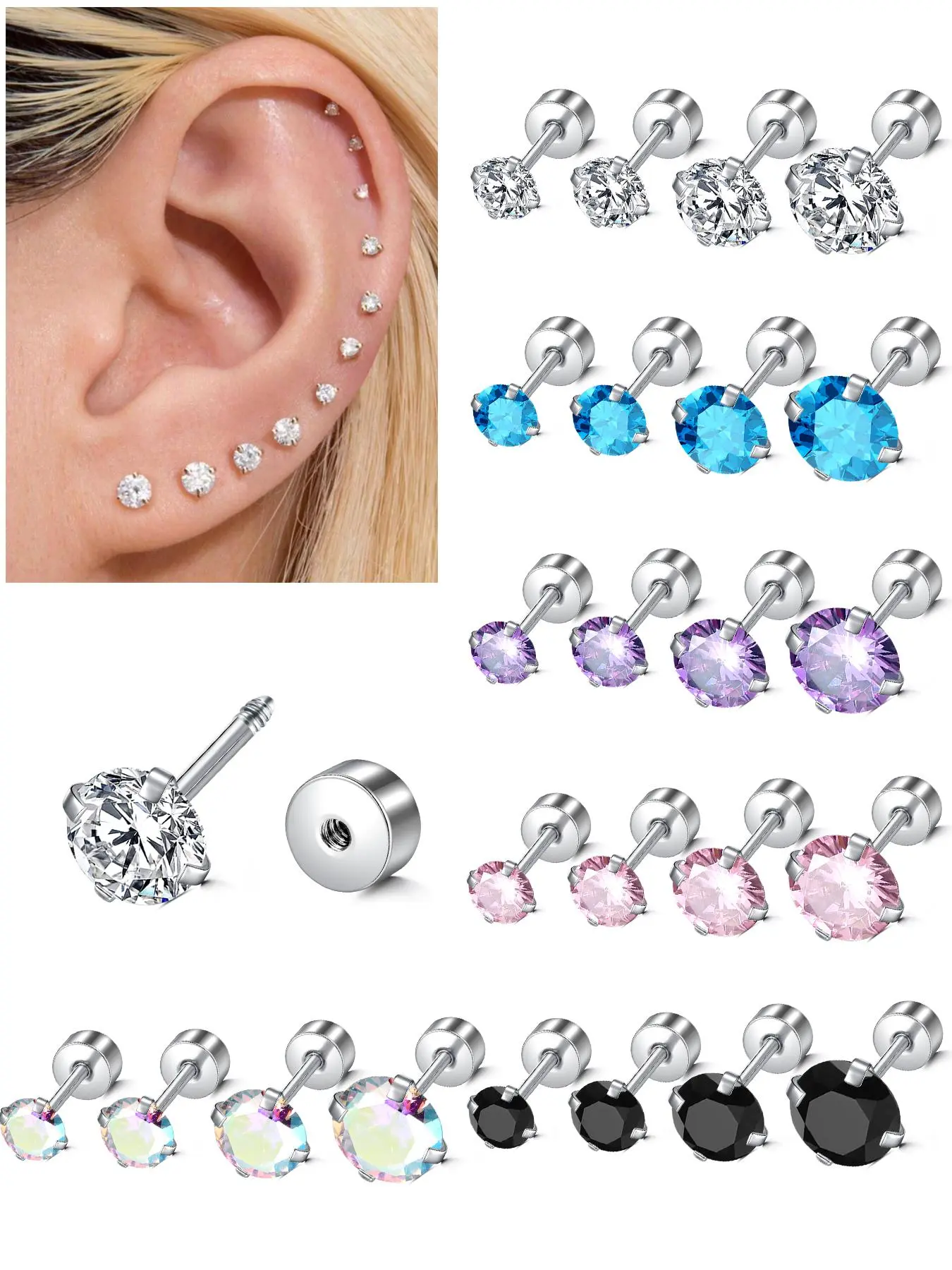Stainless Steel Helix & Tragus Earring Stacking Set, Mixed Color Ear Studs, Cartilage Piercing Jewelry, Fashion Accessories for Women & Men, Fine Studs, Earrings Set