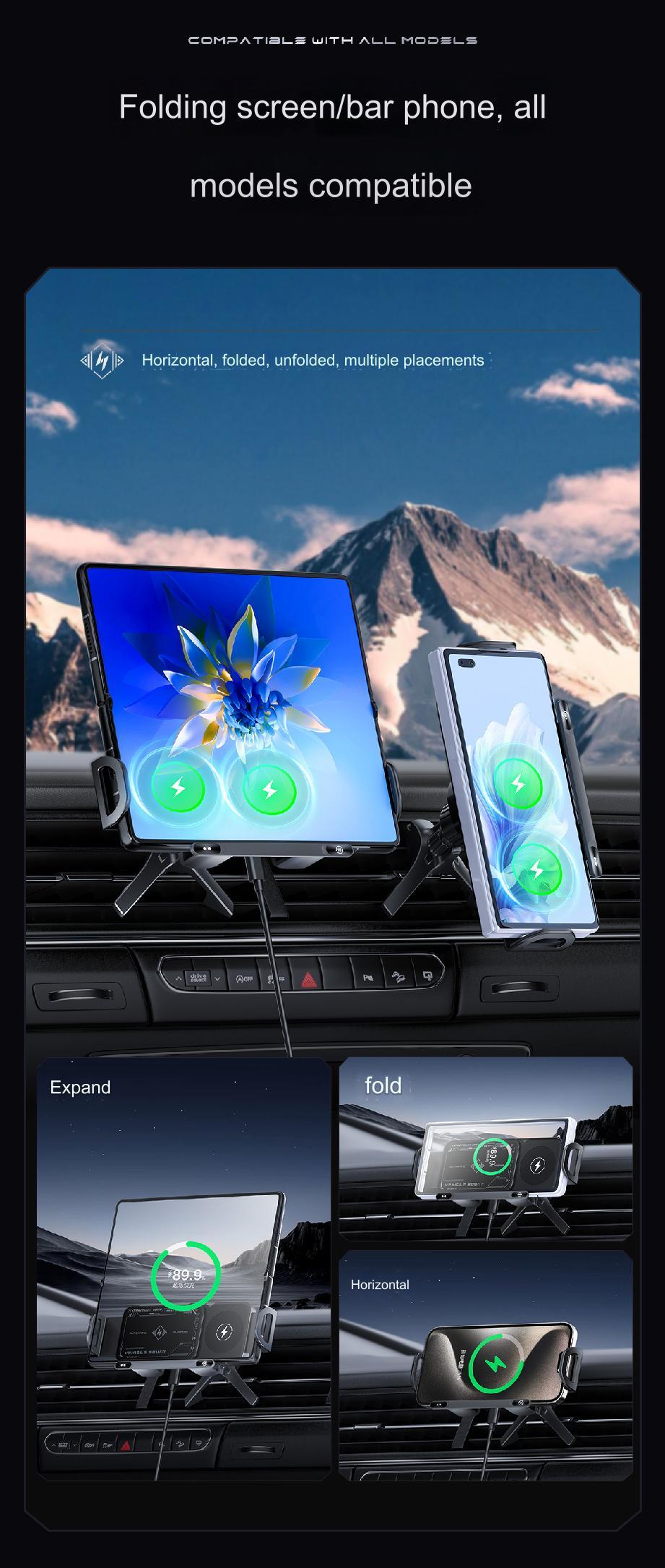 Car Vehicle Automatic phone holder, Phone Holder Car Gadgets for SmartphoneMount 15W wireless charger Phone Charging , 90-degree rotation, installed on car air center console, suitable for 6-7.2-inch mobile phones