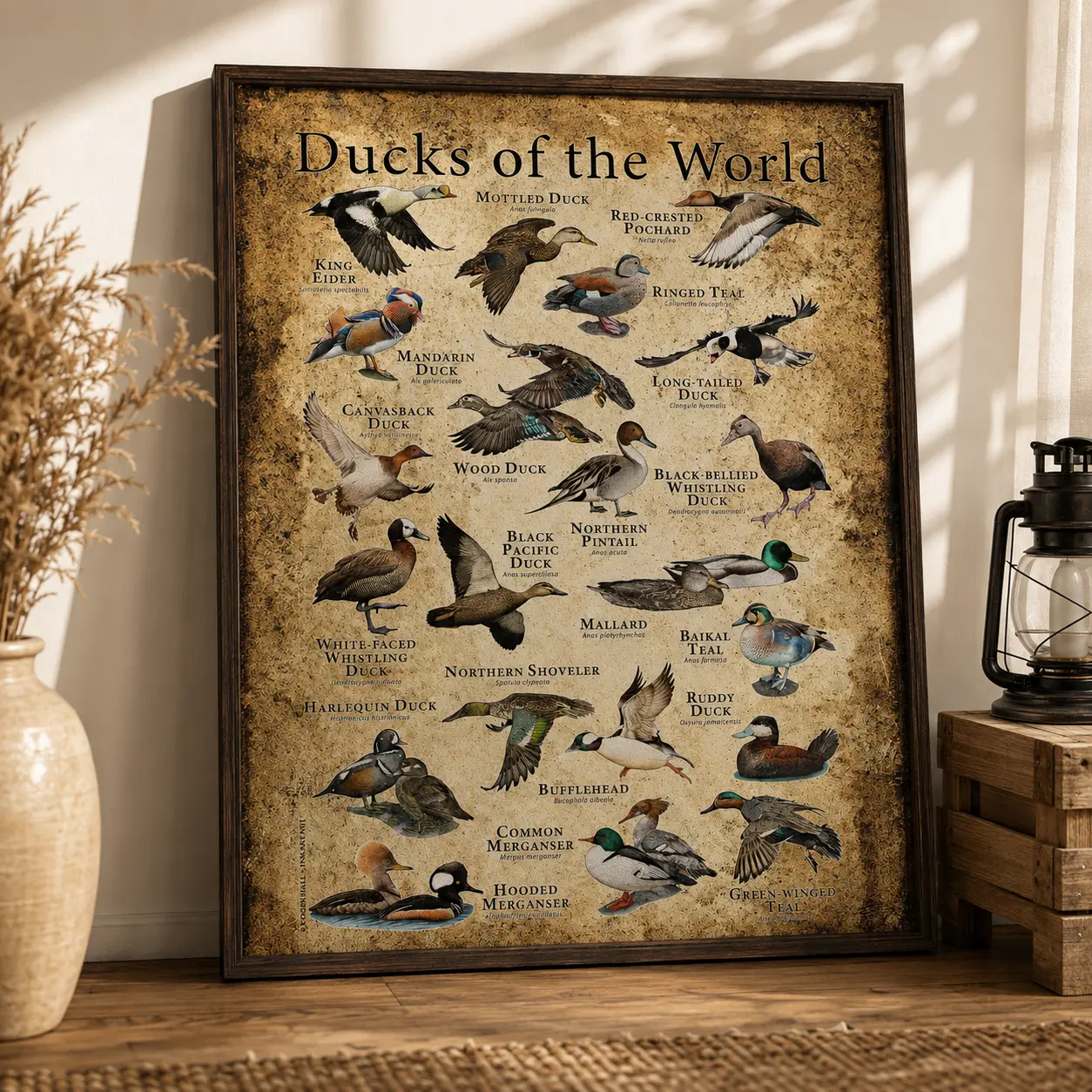 Ducks of the World Poster, Vintage Duck Identification Chart, Waterfowl Species Wall Art, Rustic Hunting Cabin Decor, Birdwatcher Gift, Unframed Poster Paper