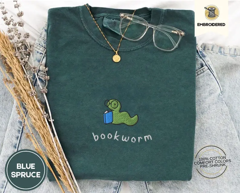 Bookworm Embroidered Tee, Cute Comfort Colors Shirt for Book Lovers, Bookish Gifts