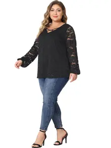 Agnes Orinda Plus Size Lace Sheer Long Sleeve Elastic Cuff Layer Cross V Neck Blouse