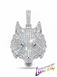 LUXFINE Hip Hop Wolf Head Pendant for Men, 45mm S Size Iced Out Charm in Metal with Blue Zircon Eyes, Bling Cubic Zirconia Rapper Necklace Pendant, Street Culture Jewelry Gift