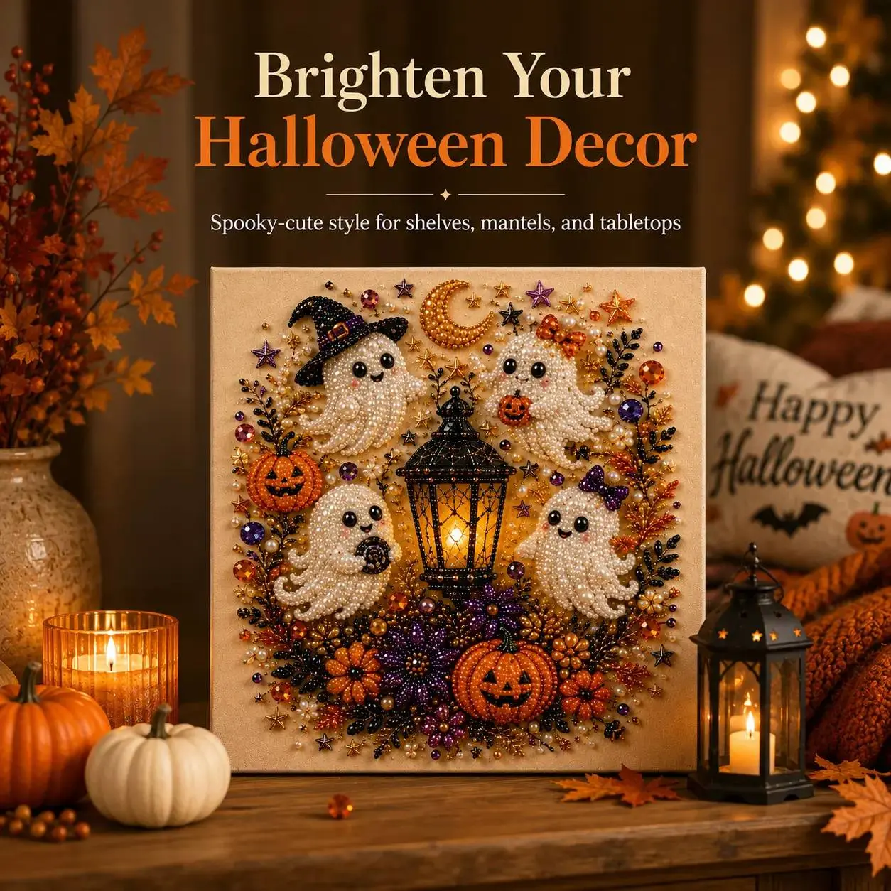 Brighten Your Halloween Decor Spooky-cute Style for Shelves Mantels and Tabletops with Ghosts Pumpkins and Lanterns
