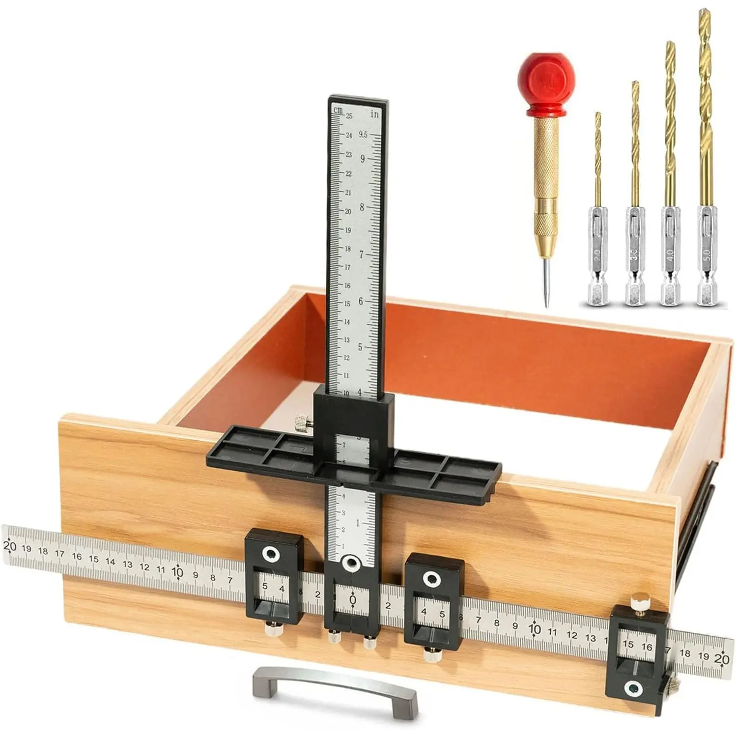 Cabinet Hardware Jig, Aluminum Alloy Cabinet Handle Jig Tool for Fast and Accurate Installation of Door Handles and Drawer Front Knobs, Pulls(with Automatic Center Punch and 4 Drill Bits)