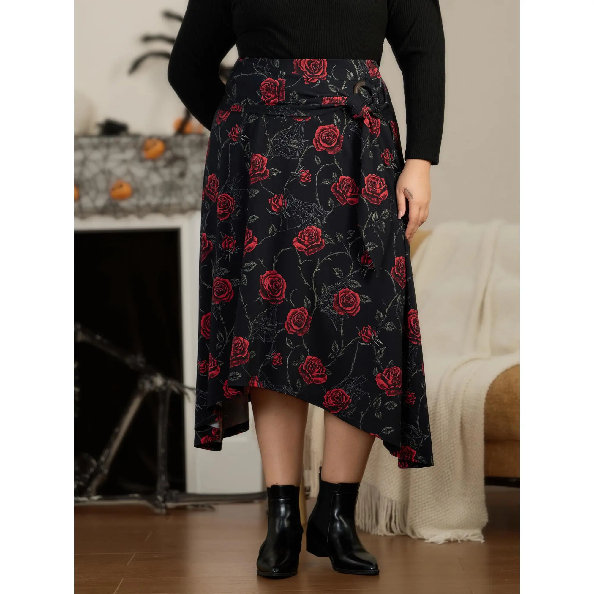 BloomChic Stretchy Rose Spider Web Print Asymmetrical Midi Skirt 【M-6XL】 BloomChic Stretchy Rose Spider Web Print Asymmetrical Midi Skirt 【M-6XL】