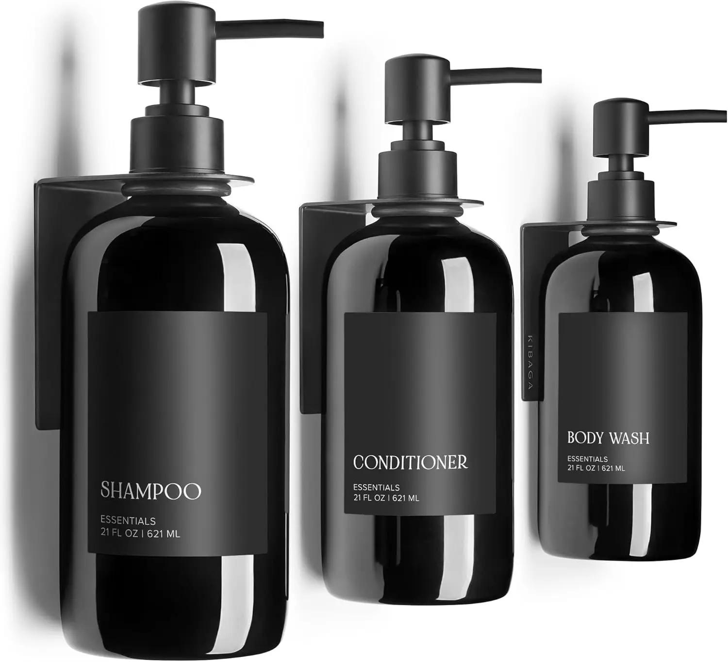 Stylish Shampoo and Conditioner Dispenser Set of 3 for Wall Mount - Modern Drill Free 21oz Shower Soap Bottles with Labels - Easy Refill  Wash Dispensers for an Instant Bathroom Decor Upgrade