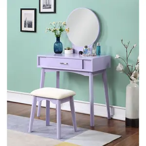 HAOYYE Liannon Contemporary Wood Vanity and Stool Set, Purple Makeup Vanity Table with Storage Drawers, Elegant Dressing Table with Round Mirror and Cushioned Stool, Stylish Compact Vanity Desk for Bedroom, Apartment, or Makeup Room