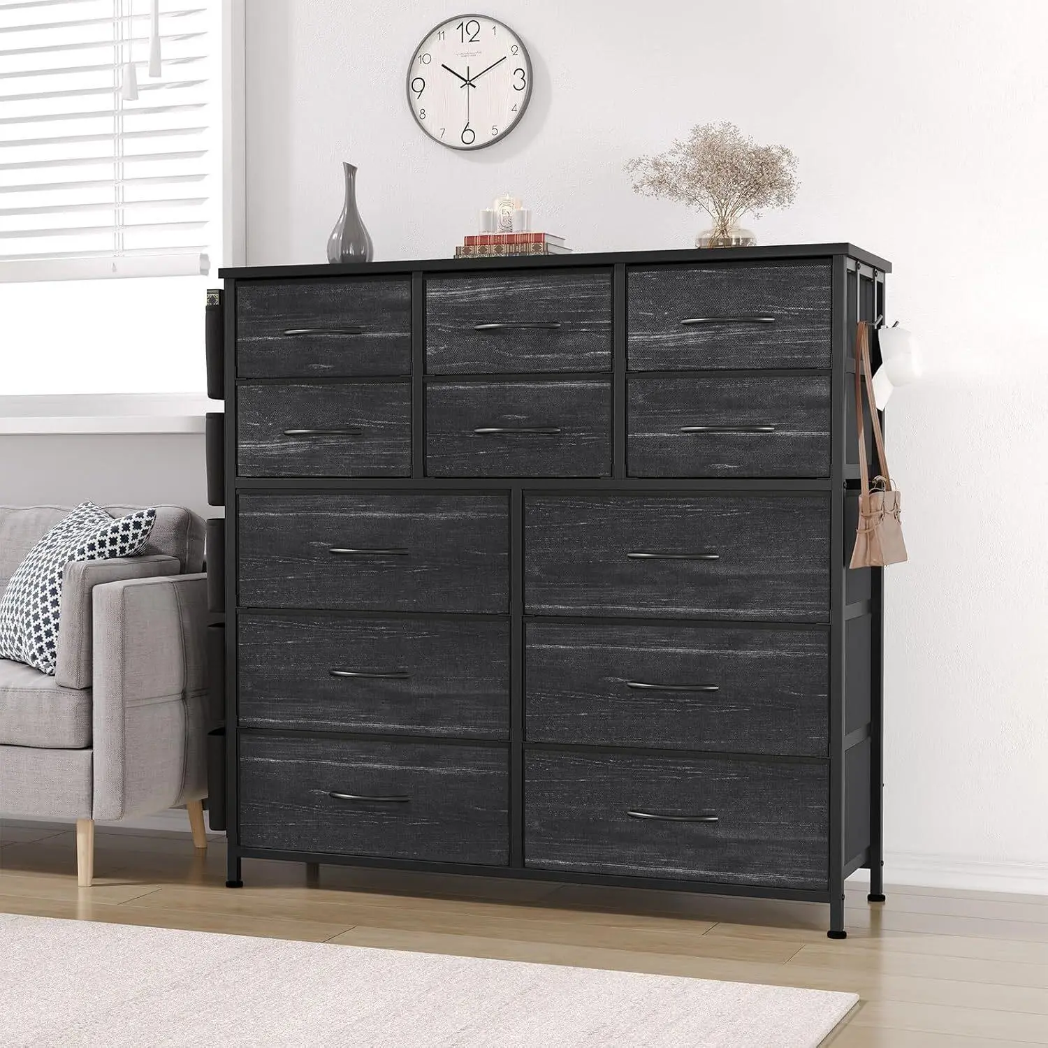 Gaomon 12-Drawer Fabric Dresser with Steel & Wood Construction, Vertical Layout, Wooden Top, Side Pockets, Anti-Tip Base, Wall Mount for Bedroom, Living Room Space-Saving Storage Chest