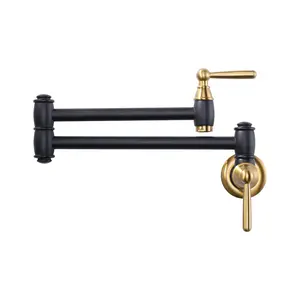 WOWOW Pot Filler Faucet Black Gold: Modern Pot Filler Wall Mount Kitchen Folding Faucet 2 Handle with Double Joint Swing Arms Brass Stove Faucet