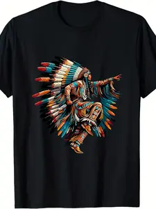 Native Tribe Chief T-Shirt - Heavyweight 220GSM Pure Vintage Tribal Graphic Tee with Feather Headdress & Tribal Portrait - Unisex Adult Casual & Themed Events - All-Season Fit - Men'S & Women'S Cultural Apparel - Nation Inspired De