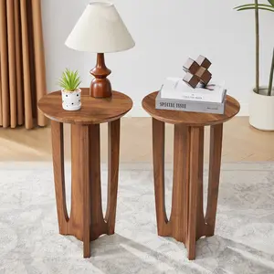 Giratree Set of 2 Mid Century Round Side Tables, Walnut Accent Tables with Sculpted Arched Legs for Living Room & Bedroom Coffee Table Set