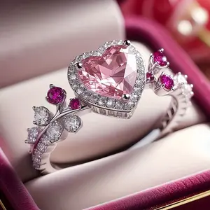 Luxury Pink Heart Rings Elegant Bridal Romantic Wedding Rings Jewelry for Women Daily Banquet Promise Rings Valentine's Day Gift