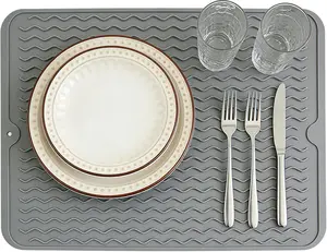 Silicone Dish Drying Mat for Kitchen Counter Eco-Friendly Fast Dry Dish Mat Easy Clean Multi Usage Drying Matt Heat Resistant Trivet Fits Under Rack, Gray 12" x 16"