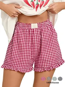 Women's Plaid Shorts Fashion Casual Elastic Waist Pocket Sleepwear Full Cotton Breathable Versatile Loose Fit Short Pants Y2K Girl Leisure Shorts