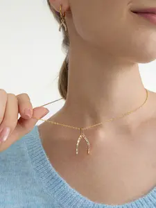 Ladies Elegant Necklace With Square White Zirconium Lucky Wish Bone Y Shaped Pendant Chain Stainless Steel 18k Gold Plated Waterproof And Anti Allergy Classic And Fashionable Thanksgiving Festival Jewelry Gift