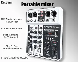Kaschun Audio KX04 Portable 4-Channel Mixer with USB Sound Card, 48V Phantom Power, Bluetooth 5.0 for Live Streaming & Recording, Smartphone Compatible