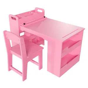 3-Piece Kids Art Desk and Chair Set, Wooden Children's Drawing Table with Double-Sided Storage Cabinet, Built-in Paper Roll Holder & Easy-Clean Tabletop, Toddler Craft Activity Station, Pink
