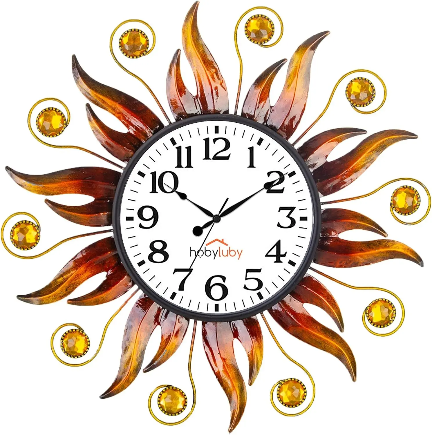 Outdoor Clock for Patio, Living Room, Home Decor | Silent Non-Ticking, 13" Sun Outdoor Wall Clock, Orange
