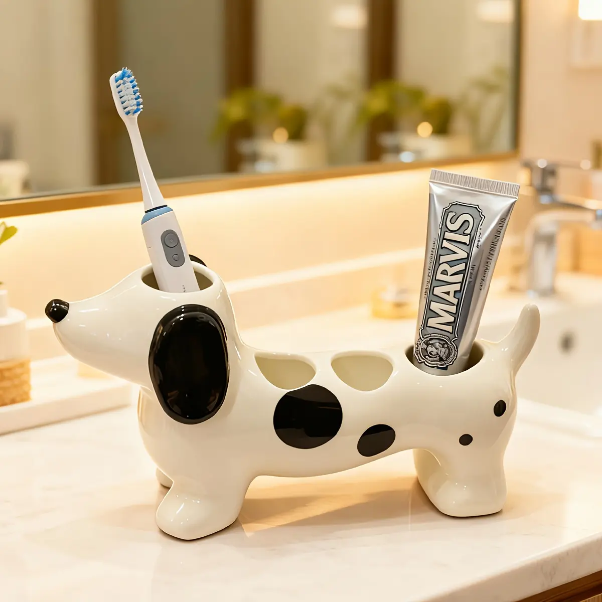 Cartoon Animal Spotted Dachshund Couple Parent- Family Toothbrush Holder, Creative and Whimsical Bathroom Vanity Toothbrush Storage Rack with Creative Base, Valentine's Day Gift Organizer, Compatible with Electric Toothbrushes, Stylish Toothbrush
