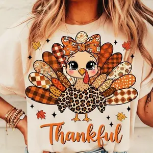 Thankful Turkey Shirt, Fall Leopard Patchwork Thanksgiving Sublimation Design, Holliday Tee, Cute shirt