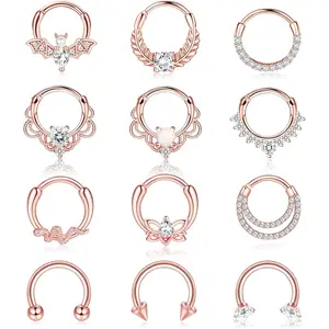 Besteel 12Pcs Septum Rings 16G Daith Earrings Nose Rings Hoop Stainless Steel CZ Opal Cartilage Helix Tragus Earrings Septum Clicker Piercing Jewelry Silver Black Rose Gold Butterfly Beautiful