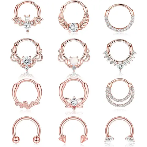 Besteel 12Pcs 16G Stainless Steel Body Piercing Jewelry - CZ Opal Septum Jewelry, Helix Pierced Ring, Daith Nose Cartilage Tragus Earrings, Clicker, Butterfly Design (Silver, Black, Rose Gold)