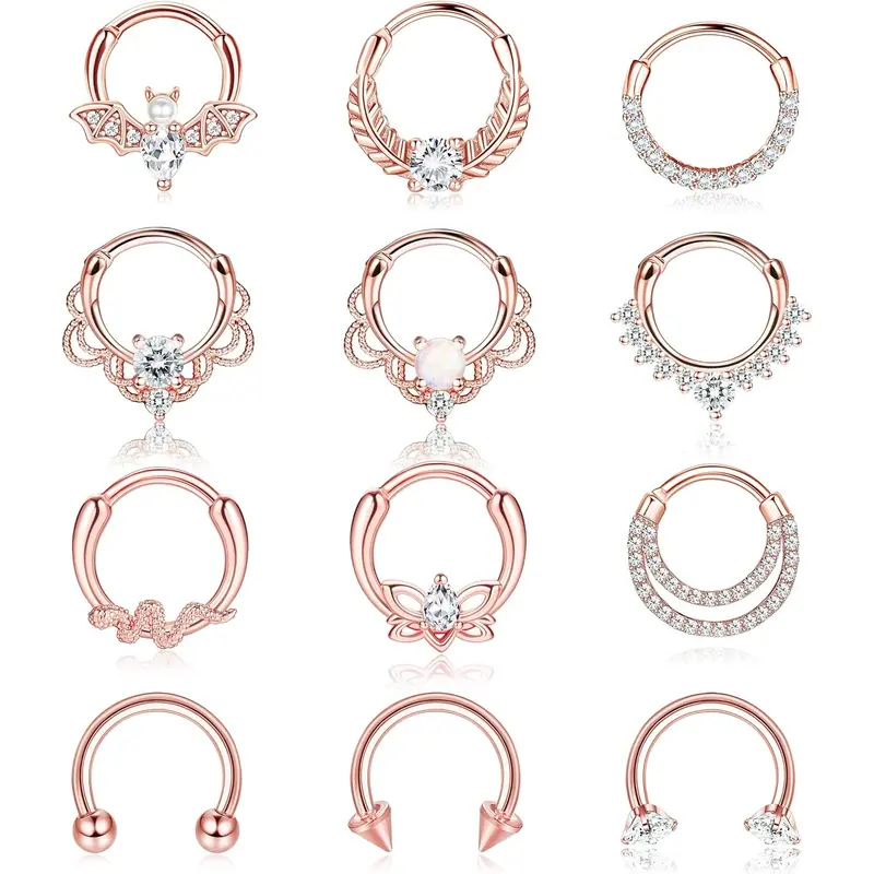 Besteel 12Pcs 16G Stainless Steel Body Piercing Jewelry - CZ Opal Septum Jewelry, Helix Pierced Ring, Daith Nose Cartilage Tragus Earrings, Clicker, Butterfly Design (Silver, Black, Rose Gold)