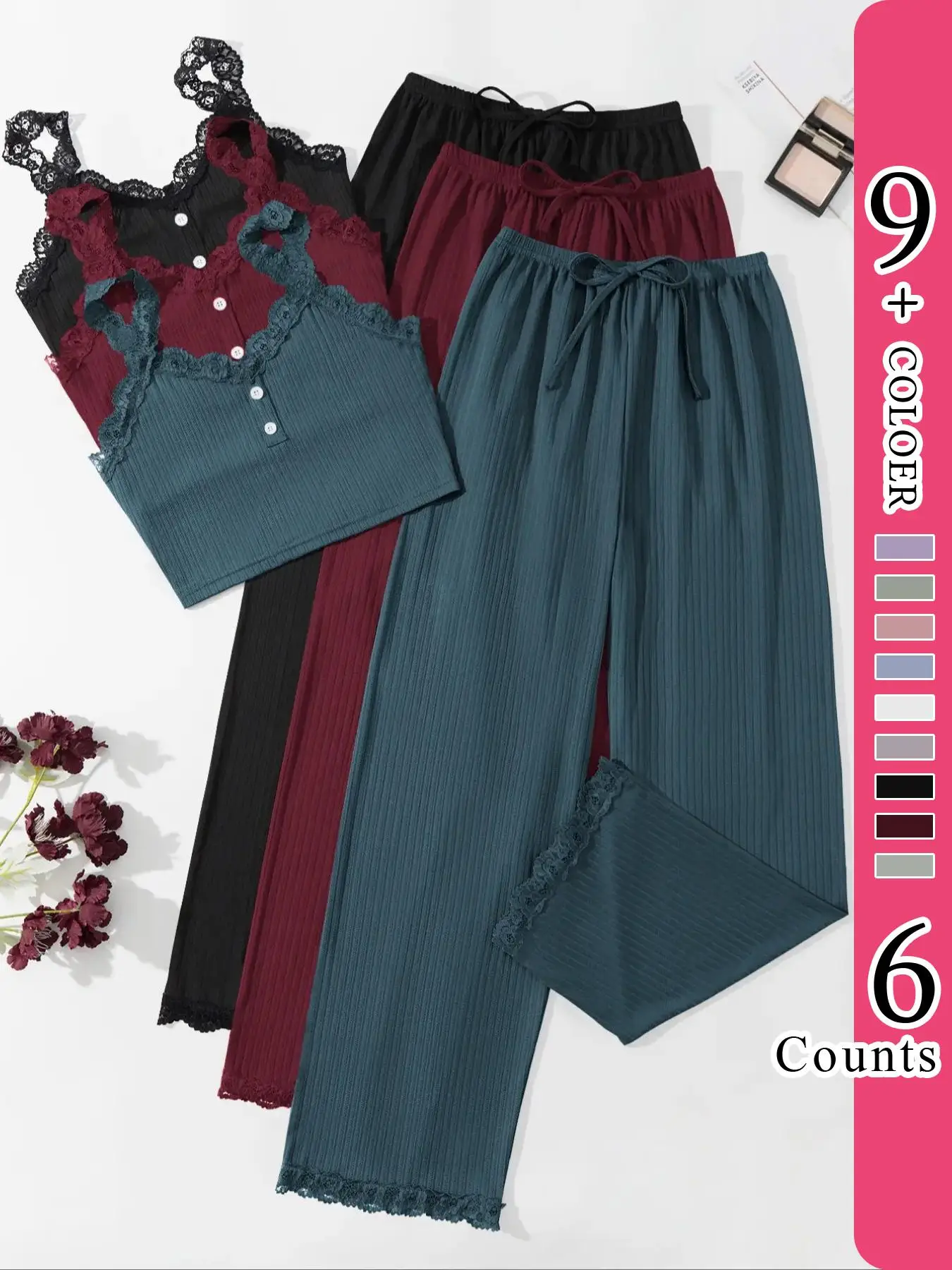 Women's Plain Contrast Lace Summer Pyjama Set, Casual Buttons Cami Top & Drawstring Waist Pants, Lady Pajamas, Womenswear Homewear, Summer Outfits 202