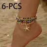 6Pcs/Set Boho-Chic Golden Starfish Pendant Anklet Vintage Colorful Rice Beads Multi-layer Ankle Chain Stackable Handmade Beades Beach Foot Jewelry Retro Ethnic Elastic Anklet Party Vacation Travel Beach Foot Chain Set