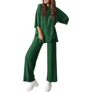 Women’s Loose Lounge Set 2 Piece Outfit – Soft Milk Silk Short Sleeve Top & Wide Leg Pants with Pockets, Casual Comfy Matching Set