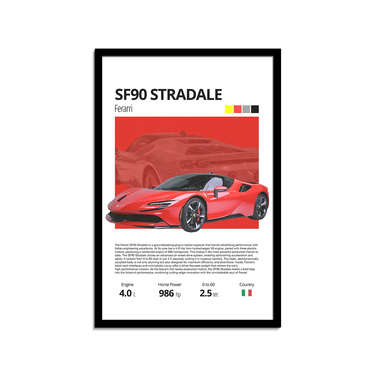 Ferrari SF90 Stradale Silk Stylish , Vintage Automotive Decor, Car Enthusiast Wall Art, Gift for Him, Unique Home Decoration Poster