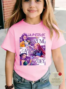 Sweet Cute Trendy Girl Group Pattern Short Sleeve, Perfect for Music Festivals, Casual Summer Comfort, Women's Fashion Top