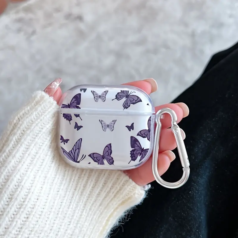 Butterfly Reverie Pattern TPU Soft Protective Case for Apple AirPods 4/3/2/1/Pro/Pro2 Transparent Earphone Cover with Keychain Attachment