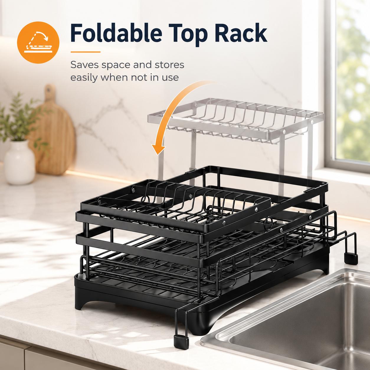 Snofrid Foldable Over Sink Dish Drying Rack|Pull-Out 2-Tier Dish Drainer with Utensil Holder|Space Saving Kitchen Snofrid Foldable Over Sink Dish Drying Rack|Pull-Out 2-Tier Dish Drainer with Utensil Holder|Space Saving Kitchen