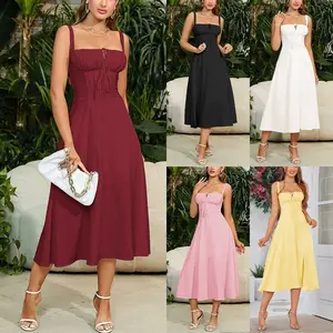 2026 spring and summer new hot-selling thin waist fish bone shaped split fork drawstring lace bag chest suspender dress women