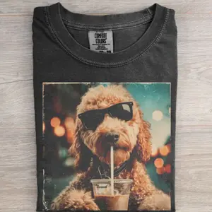 Funny Goldendoodle Drinking Iced Coffee T-Shirt, Cute Goldendoodle Coffee Lover Tee, Dog Mom Dog Dad Gift, Summer Dog Meme Graphic Shirt, Iced Coffee Lover Pet Shirt for Men Women