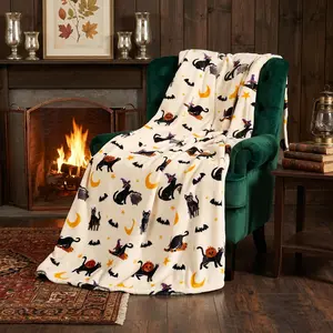 Hay & Harvest Halloween Black Cat Plush Throw, Soft Cozy Blanket with Witch Cat & Pumpkin Print, Fall Home Decor