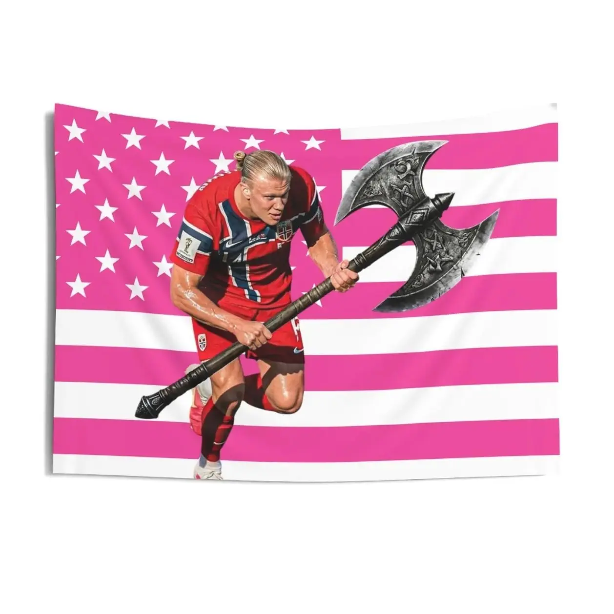 Erling Haaland Running Battle ax Meme Pink Flag Indoor Wall Tapestries