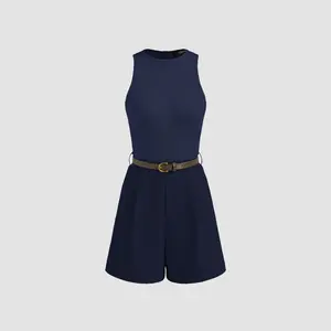 Cider Round Neckline Pocket Romper for Summer Travel & Street Style, Trendy Jumpsuit with Belt