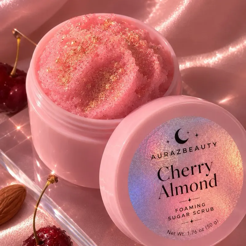 Vegan Cherry Almond Fragrance 1.7 oz Scented Foaming Sugar Scrub - Gentle Skin Care Exfoliator for Daily Cleansing, Hydration